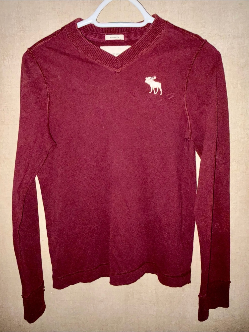Abercrombie & Fitch Men's Burgundy V-Neck Sweater with Cream Moose Logo